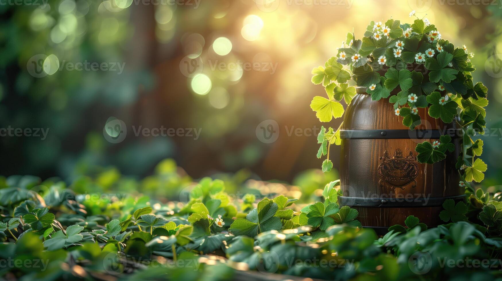 AI generated Shamrock in wooden pot on green bokeh background. St. Patrick's Day. Copy space photo