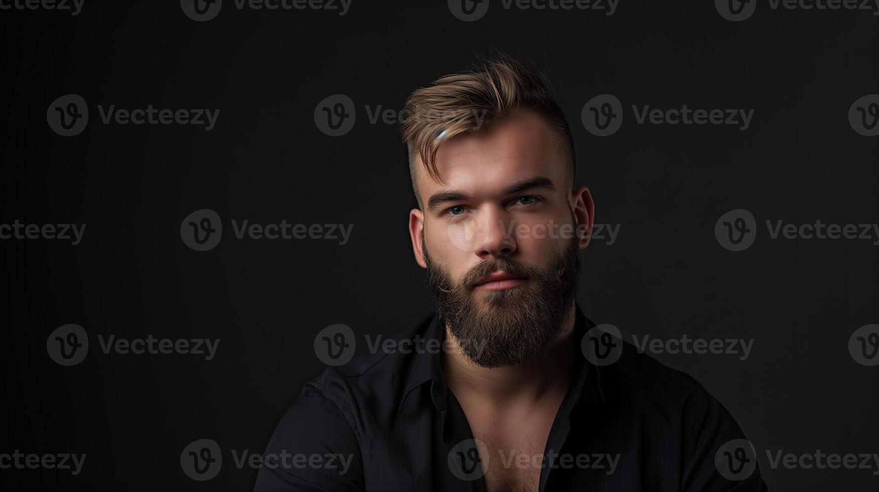 AI generated Portrait of a brutal handsome young man with a beard on a black background photo