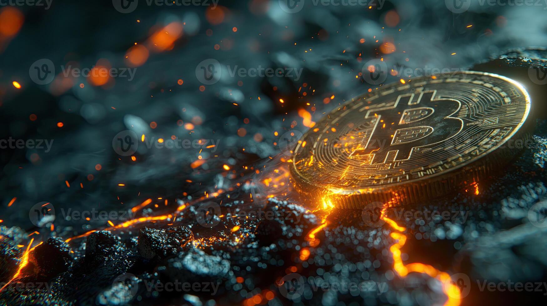 AI generated Bitcoin cryptocurrency mining concept. Cryptocurrency golden coin with burning sparks. photo