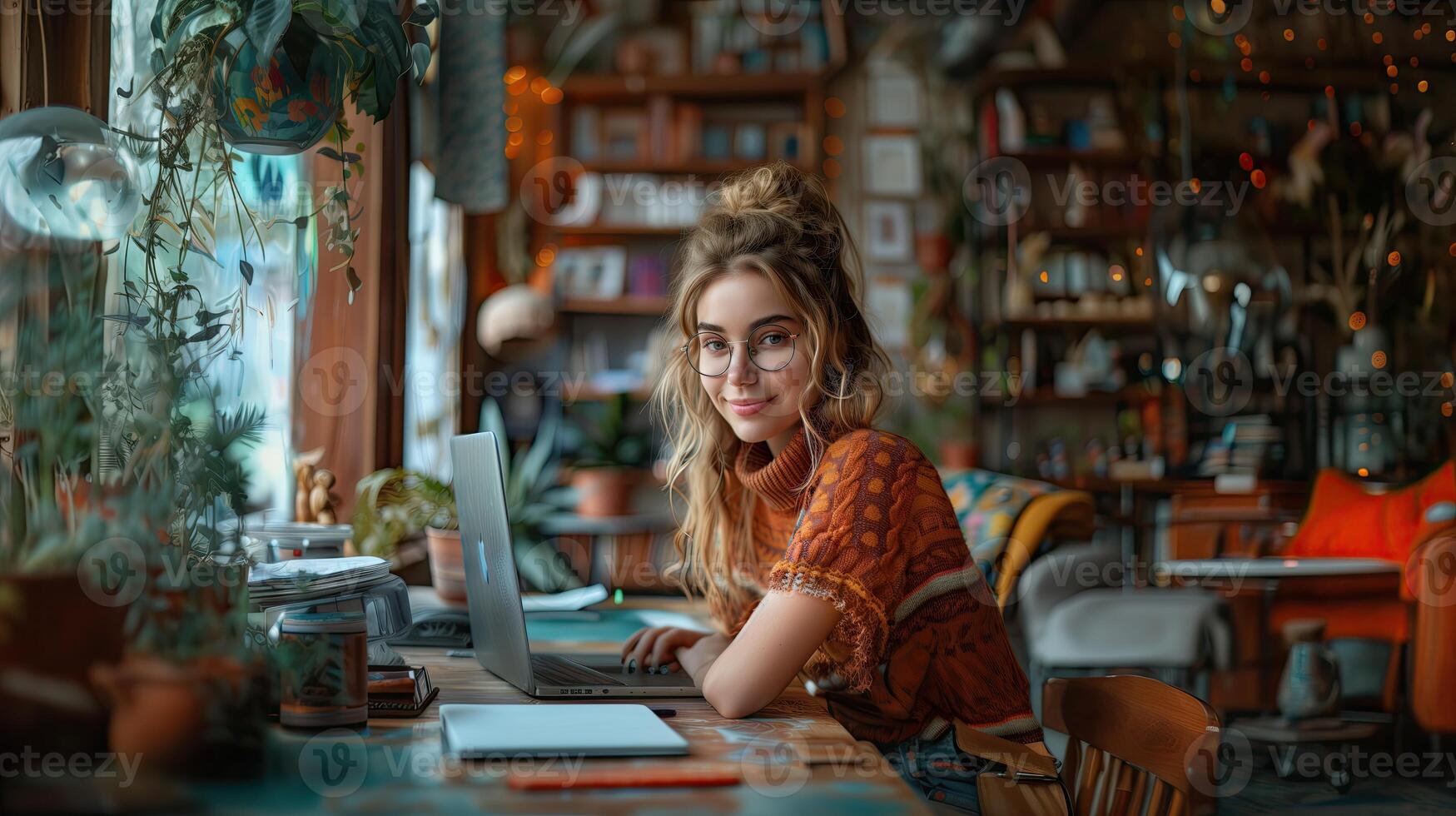 AI generated Photo of positive female web designer use netbook write message daylight indoors.