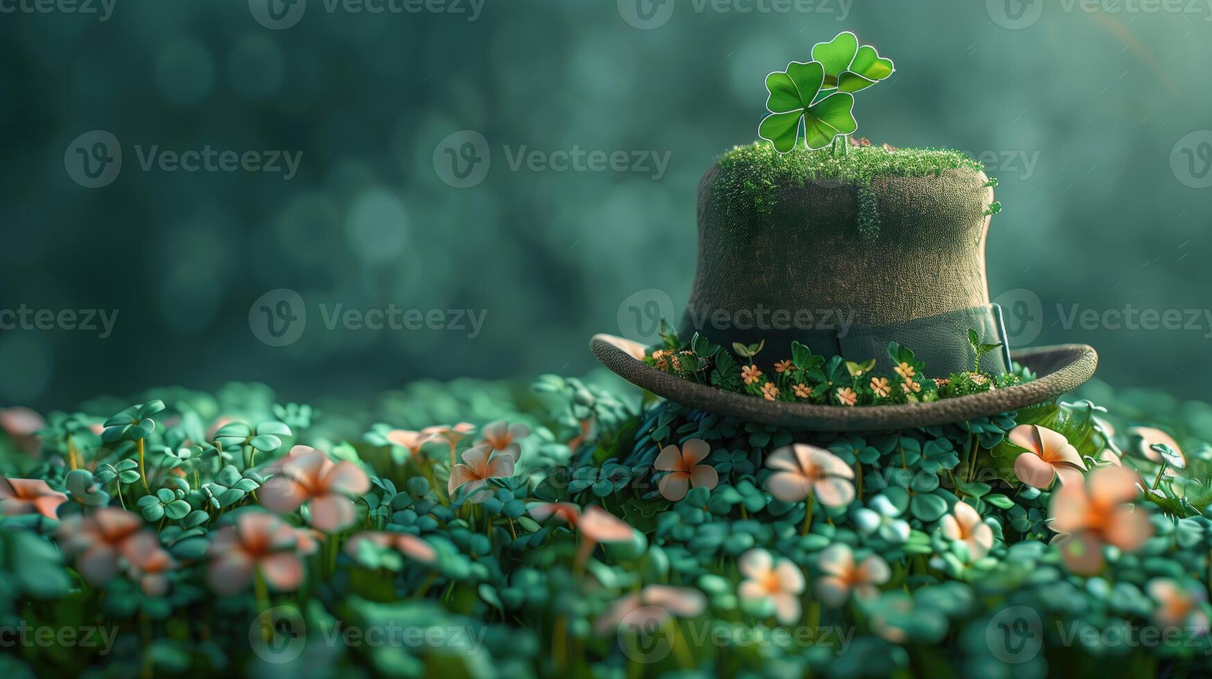 AI generated St. Patrick's Day background with green grass, flowers and hat photo