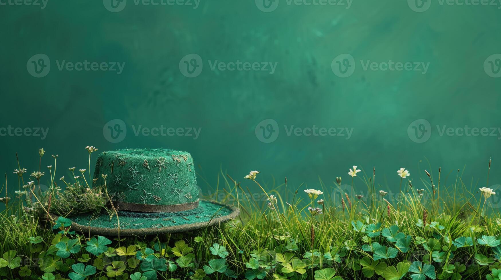 ai generado S t. patrick's día antecedentes con verde sombrero, trébol y flores foto