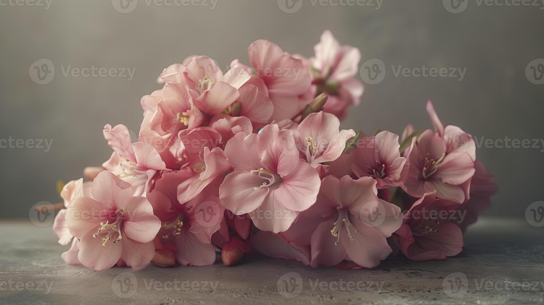 AI generated Beautiful pink freesia flowers on grey table, closeup photo
