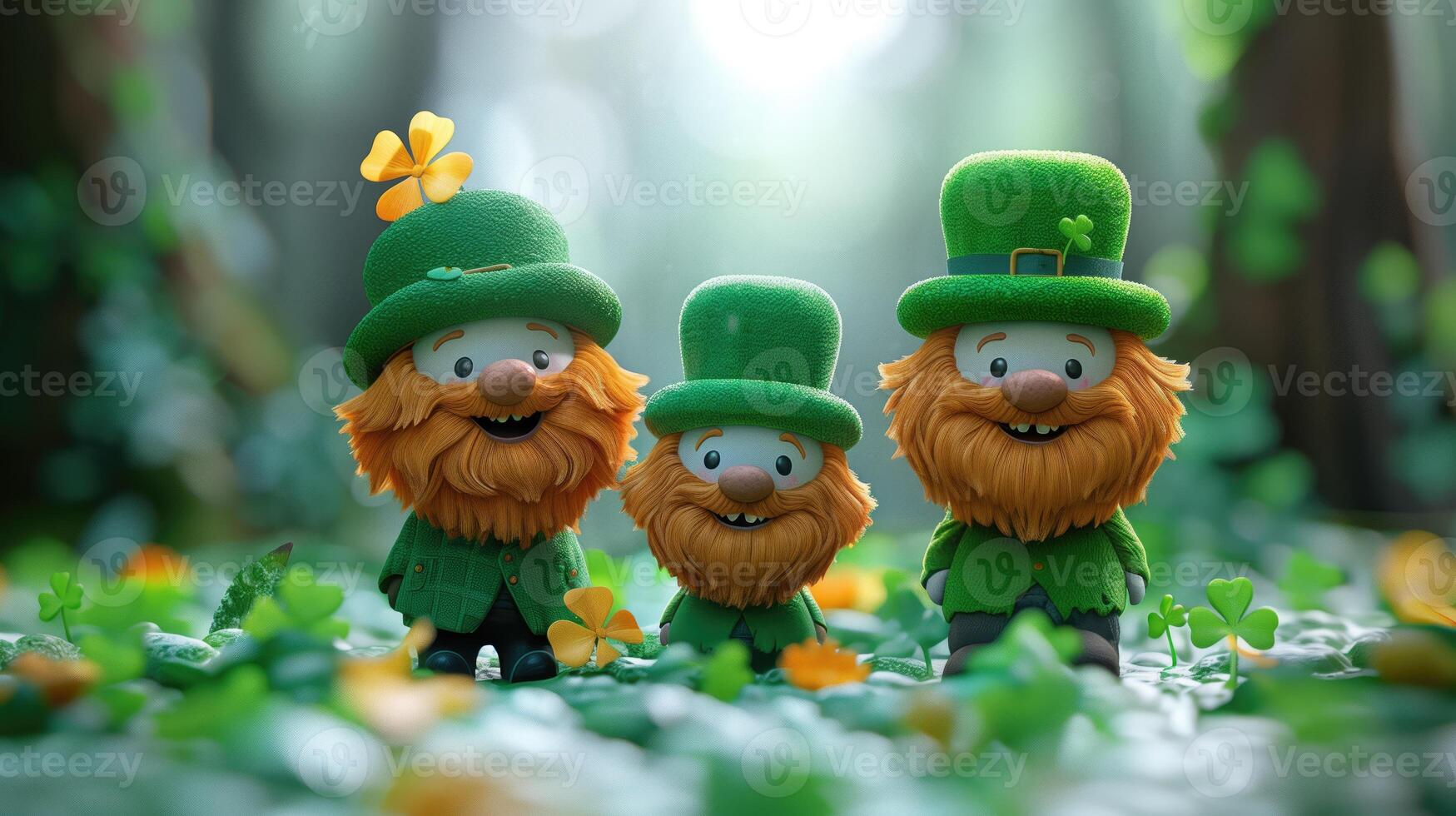 AI generated Three leprechauns with clover leaves in the forest, St. Patrick's Day photo