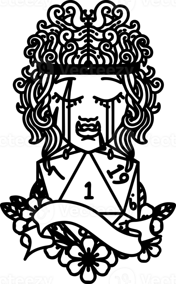 Black and White Tattoo linework Style crying orc barbarian character face with natural one roll