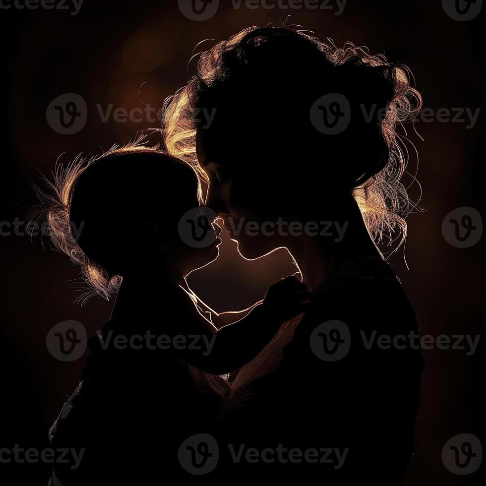 AI generated Silhouette of a mother and her daughter on a black background. Mother's day photo