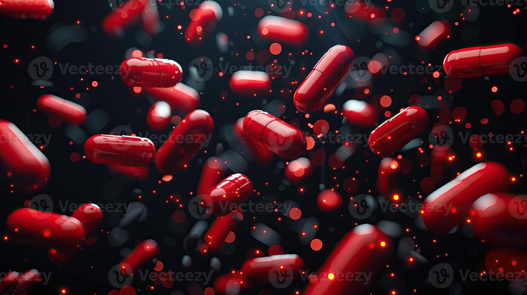 AI generated 3d rendering of red pills floating on black background. Medicine and healthcare concept photo