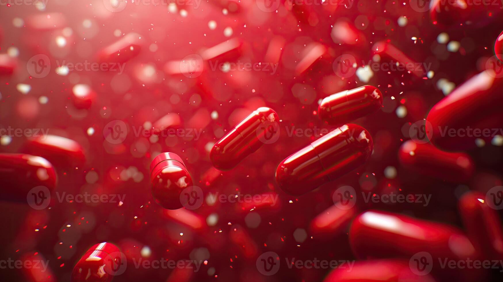 AI generated 3d rendering of red pills floating on red background. Medicine and healthcare concept photo