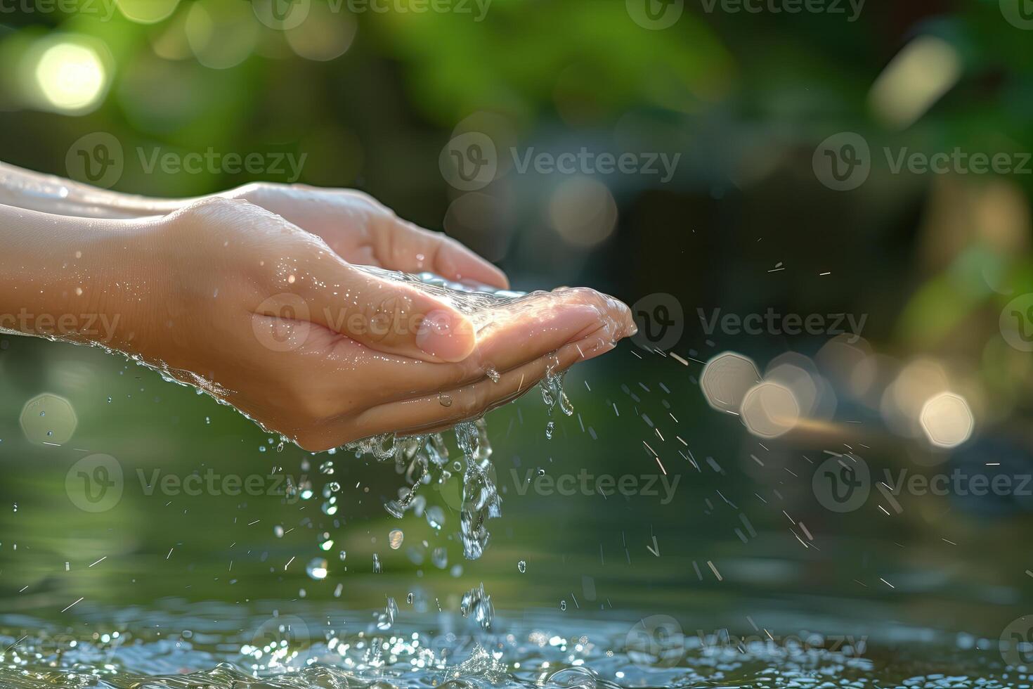 ai generado de cerca de mujer mano con agua chapoteo en naturaleza antecedentes. foto