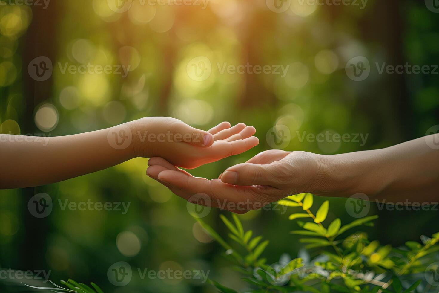 AI generated Hands of parent and child holding each other in the green forest. Mother's day, Family concept photo