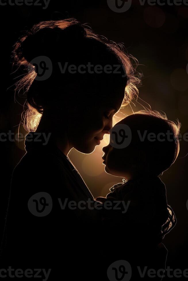 ai generado silueta de un madre y su hija en un negro antecedentes. de la madre día foto