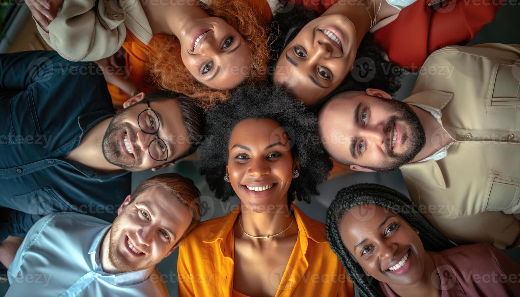 AI generated Top view of group of diverse young people looking at camera and smiling photo