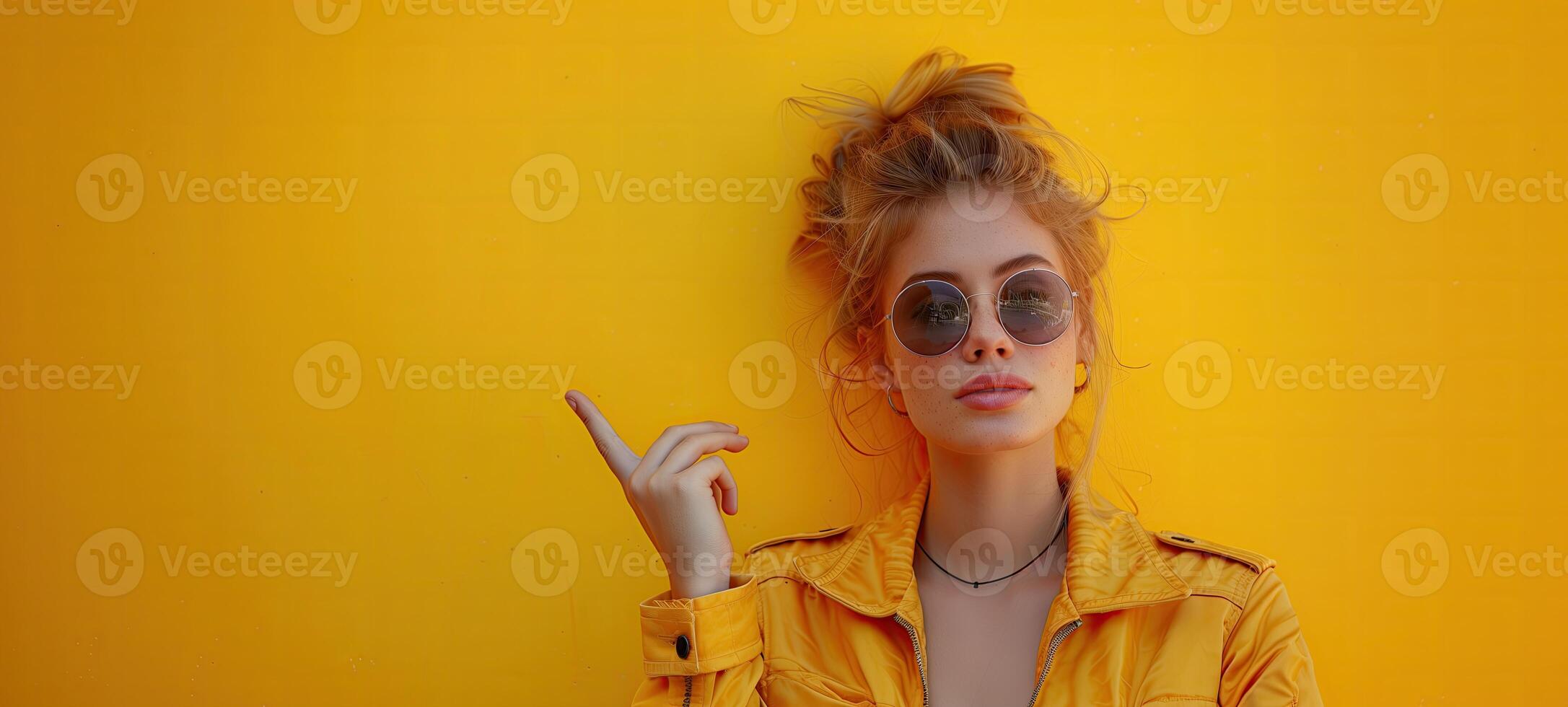 AI generated Portrait of a beautiful girl in a yellow jacket and sunglasses on a yellow background. Banner, copy space photo