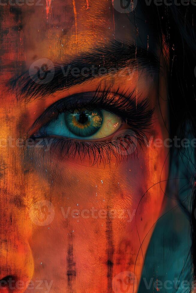 AI generated Close up of woman's eye. Grunge background. Halloween theme. photo