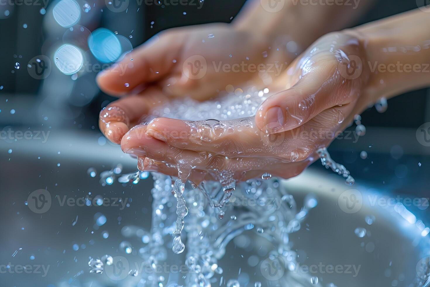 AI generated Water splashing from female hands, closeup of hands holding water photo