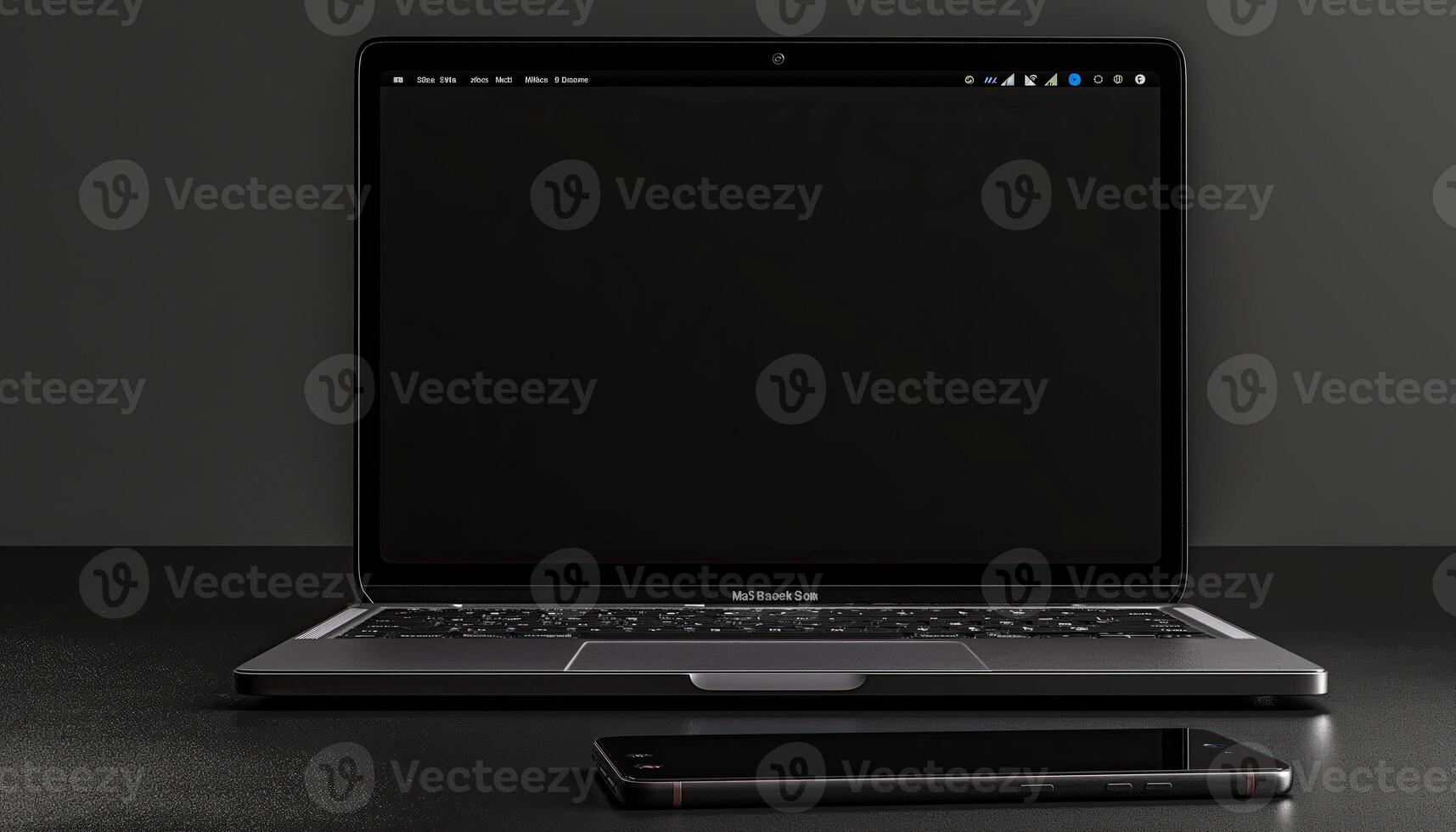 AI generated Laptop with blank screen and smartphone on black background. 3d rendering photo