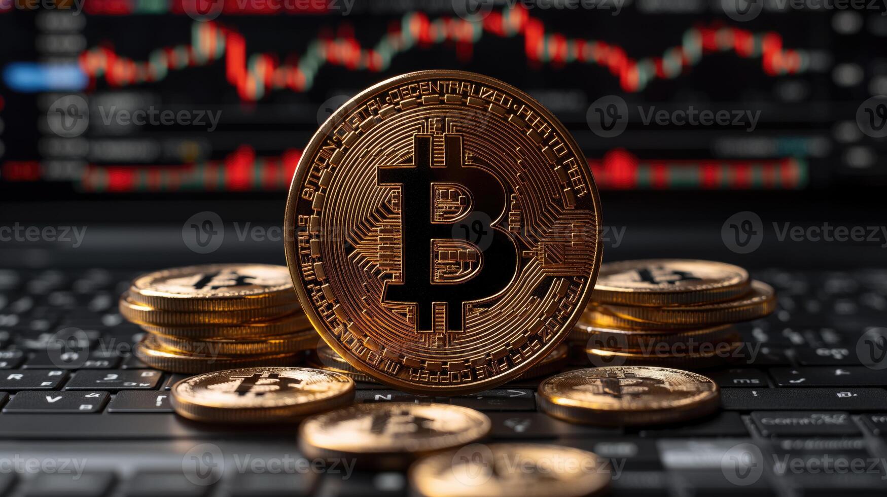 AI generated Golden bitcoin on the background of the monitor of the computer. Cryptocurrency. photo