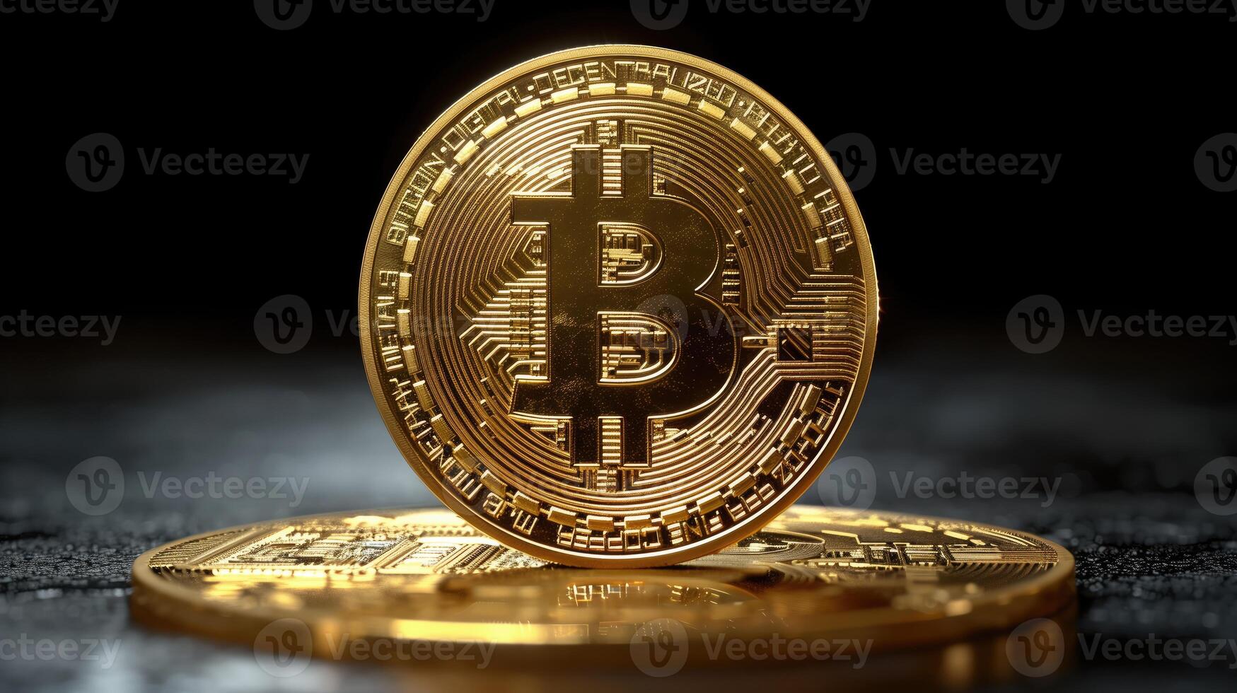AI generated Golden bitcoin on black background. Cryptocurrency concept. Digital currency. photo