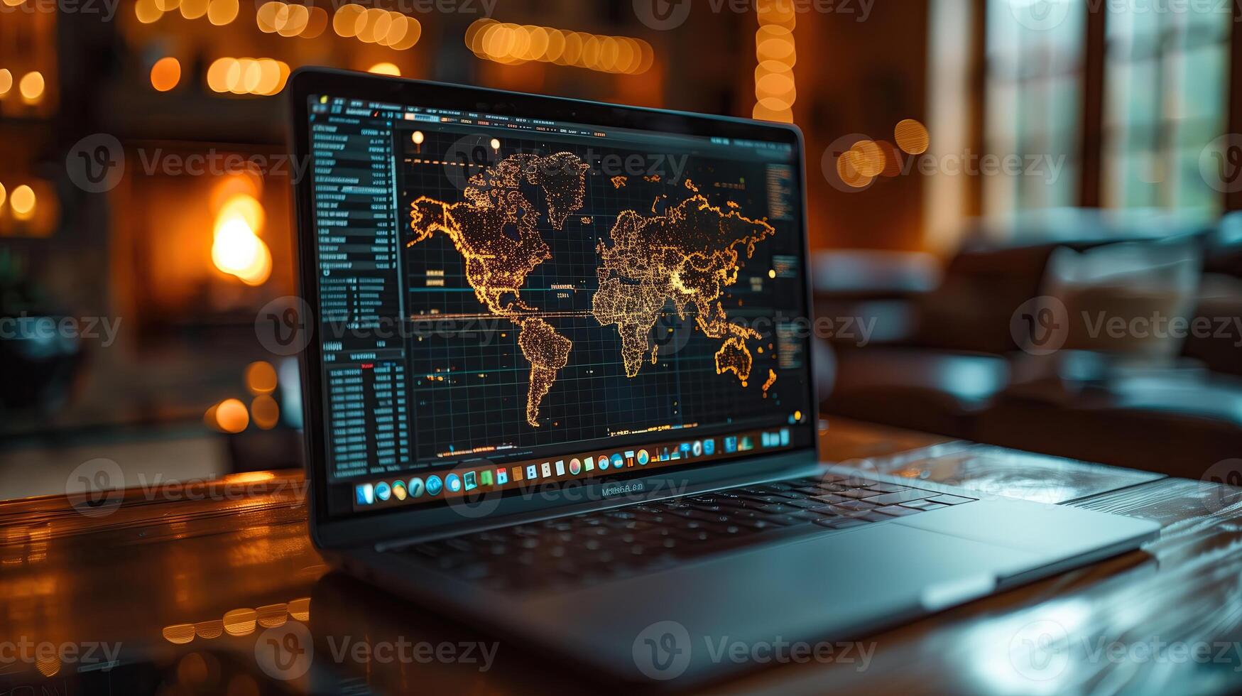 AI generated Laptop with the world map on the screen. Business concept. photo