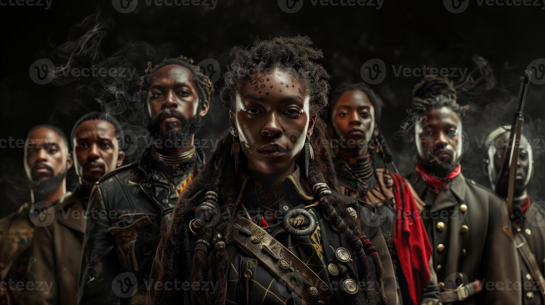 AI generated Portrait of a group of african american steampunk soldiers. Black History Month concept. photo