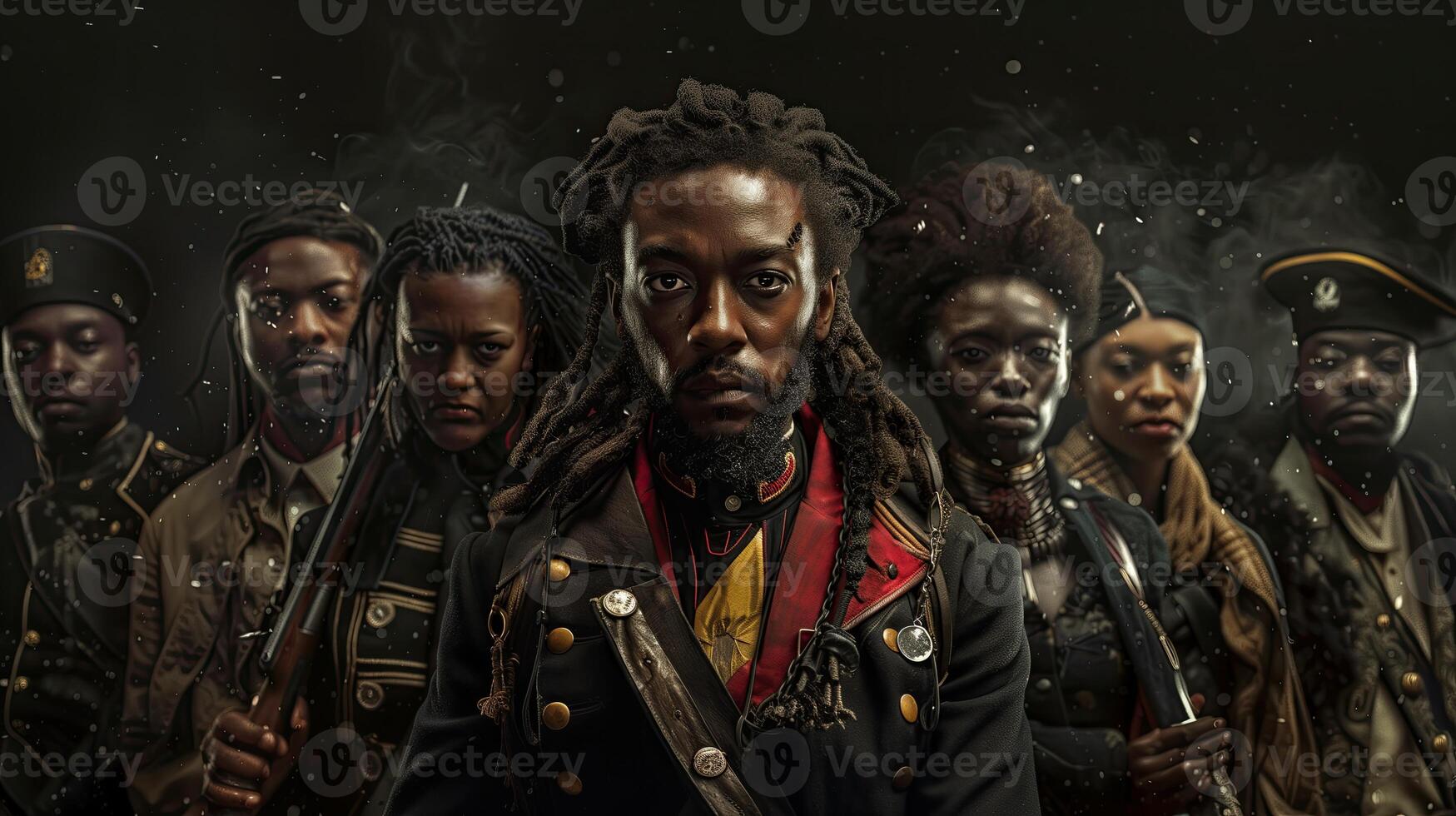 AI generated Portrait of a group of african american steampunk soldiers. Black History Month concept. photo