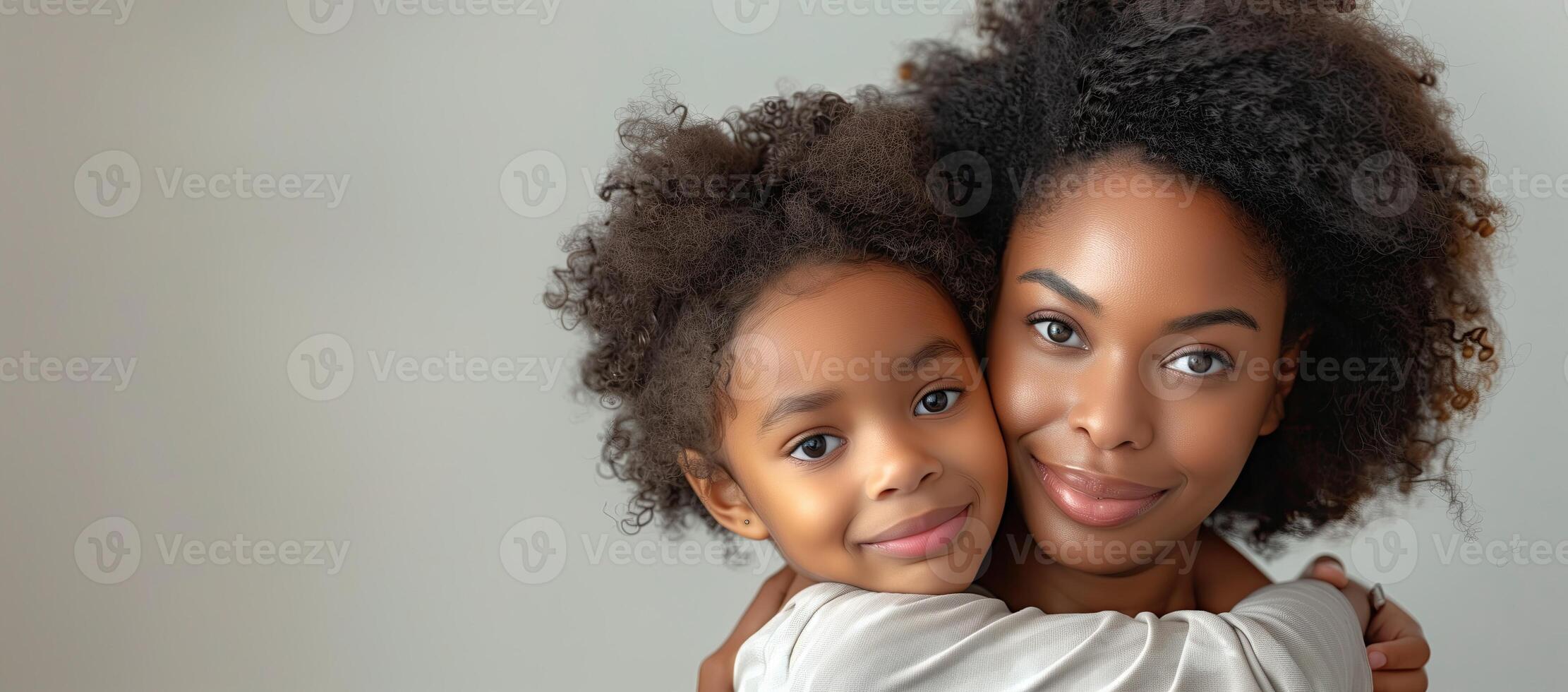 AI generated Portrait of happy African American mother and daughter looking at camera and smiling. Mother's day photo
