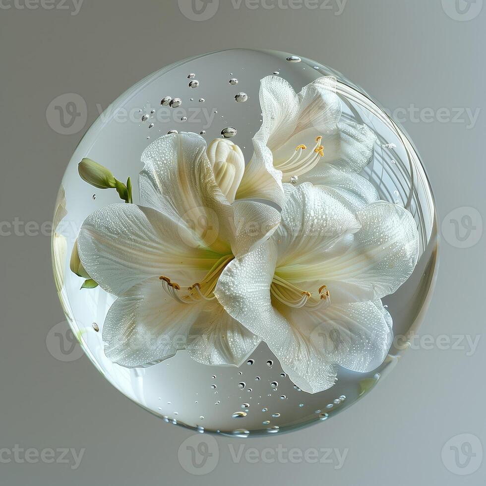 AI generated White lily in a round glass vase on a gray background photo