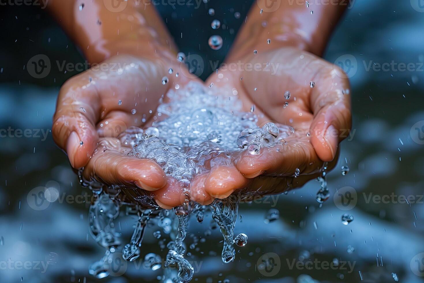 AI generated Water splashing from female hands, closeup of hands holding water photo