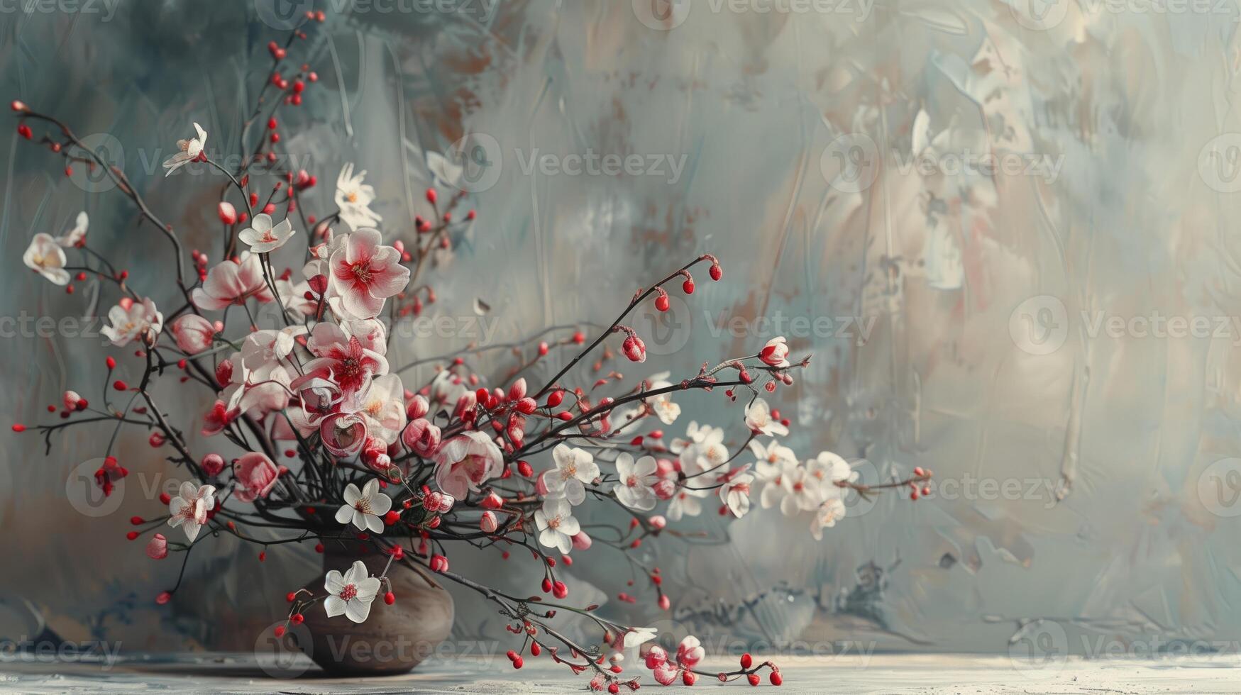 AI generated Cherry blossom in vase over grunge background with copy space photo