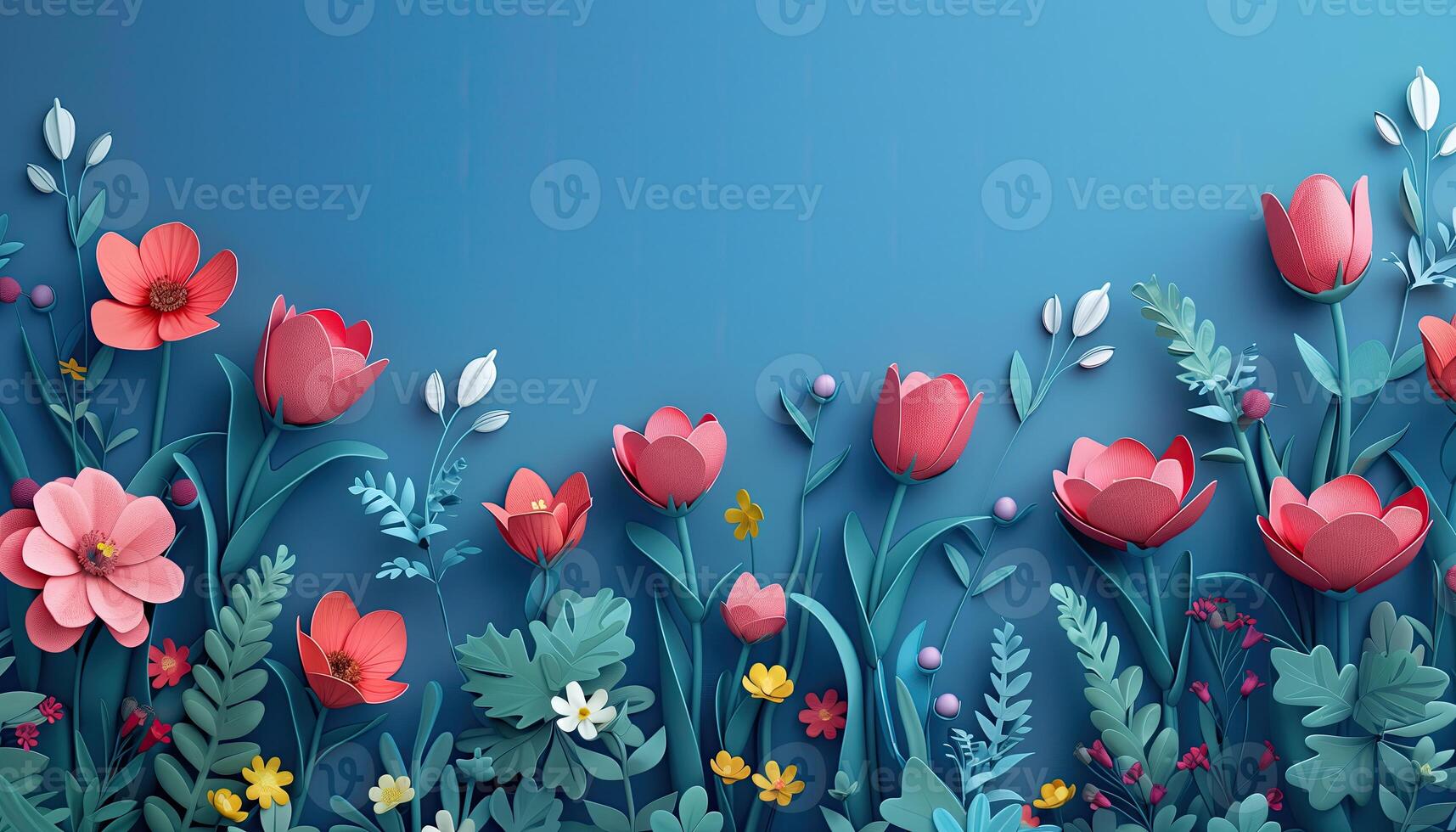 AI generated Paper cut flowers and leaves on blue background. Paper art style. Vector illustration. photo