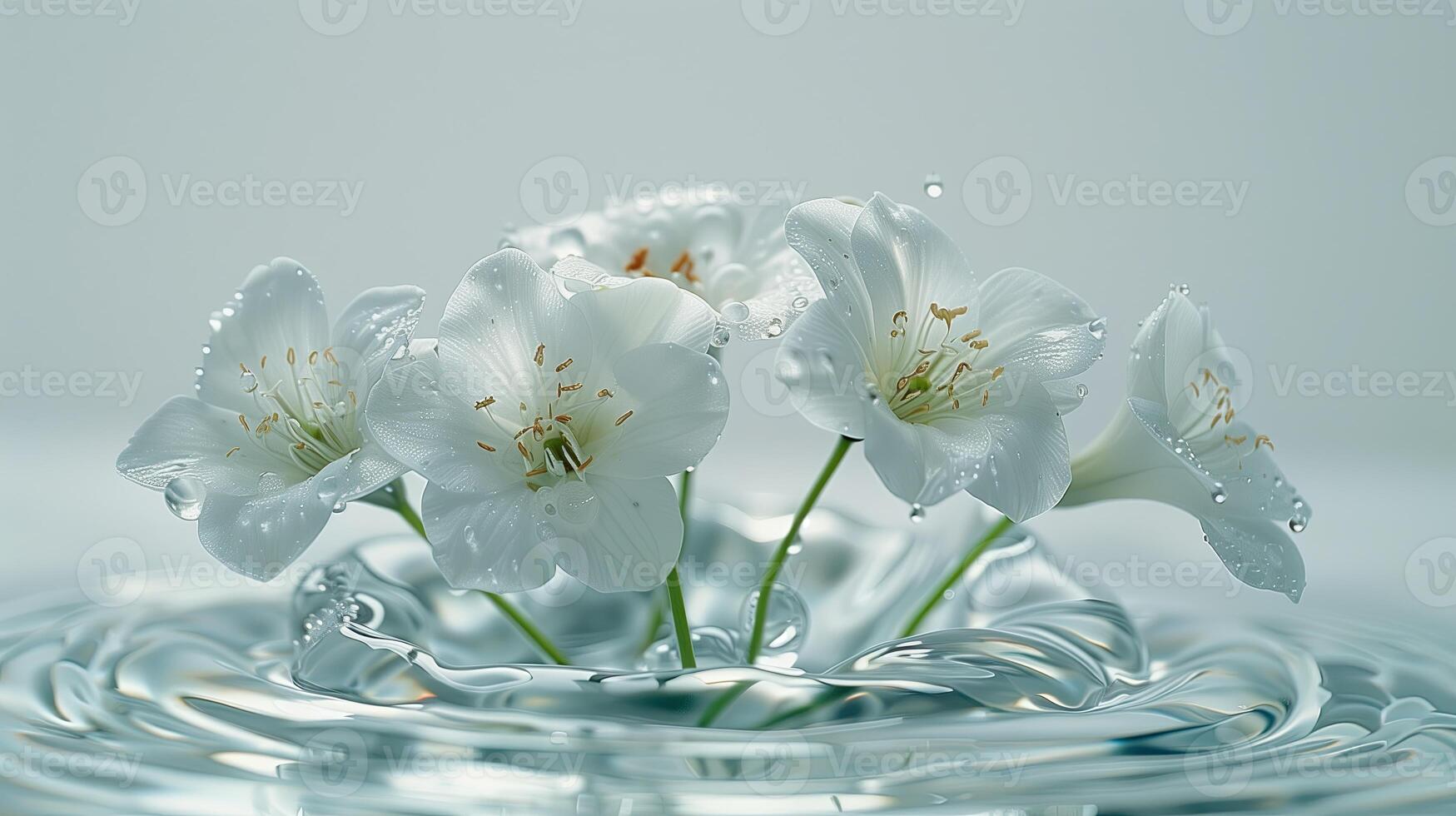 AI generated White freesia flowers on water surface with water drops and ripples photo