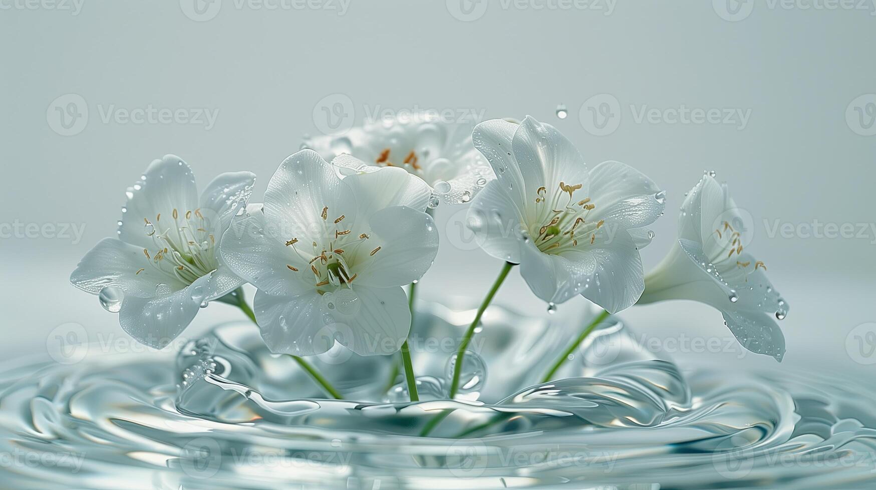 ai generado blanco fresia flores en agua superficie con agua gotas y ondas foto