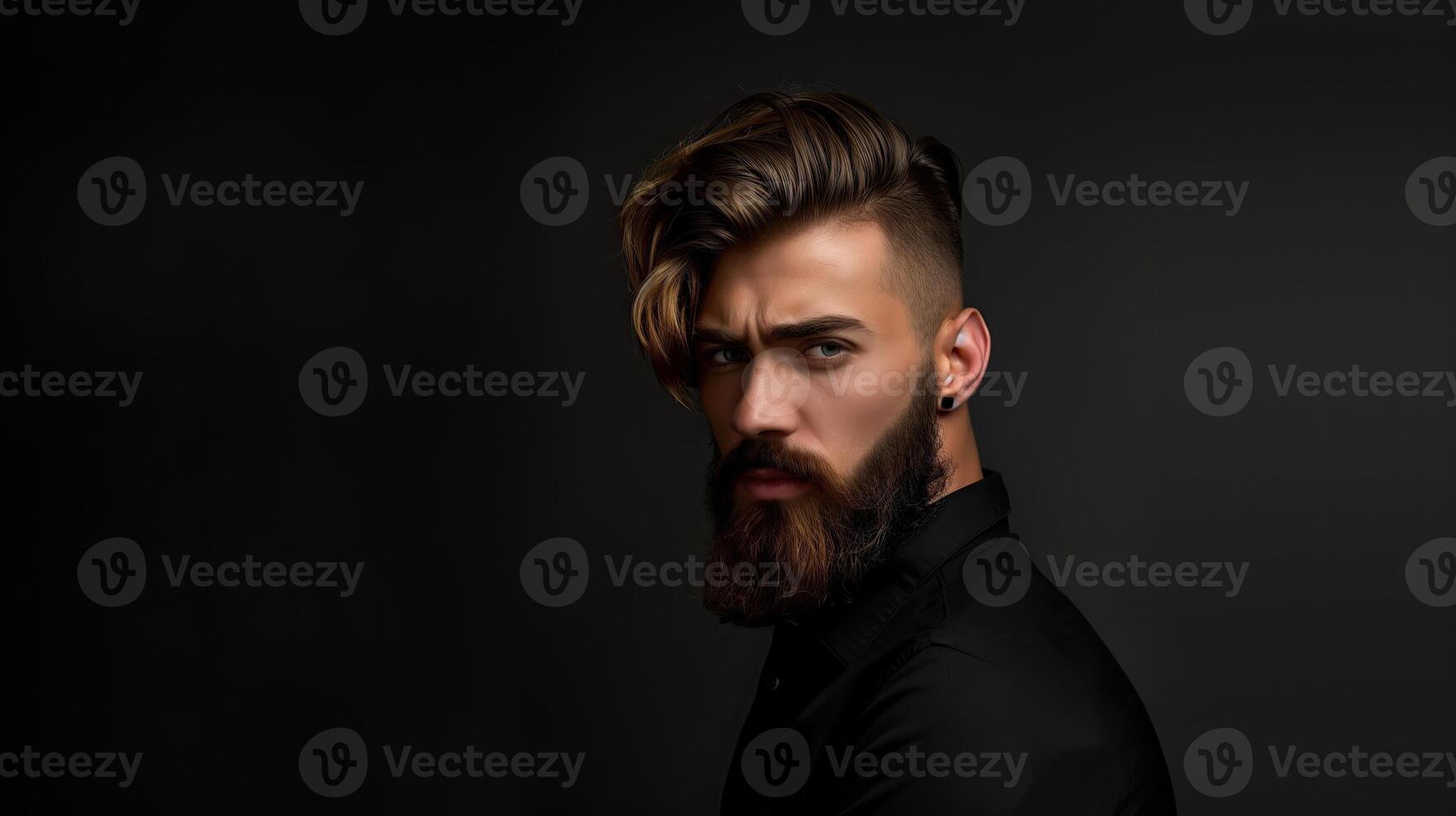 AI generated Portrait of a brutal handsome young man with a beard on a black background photo