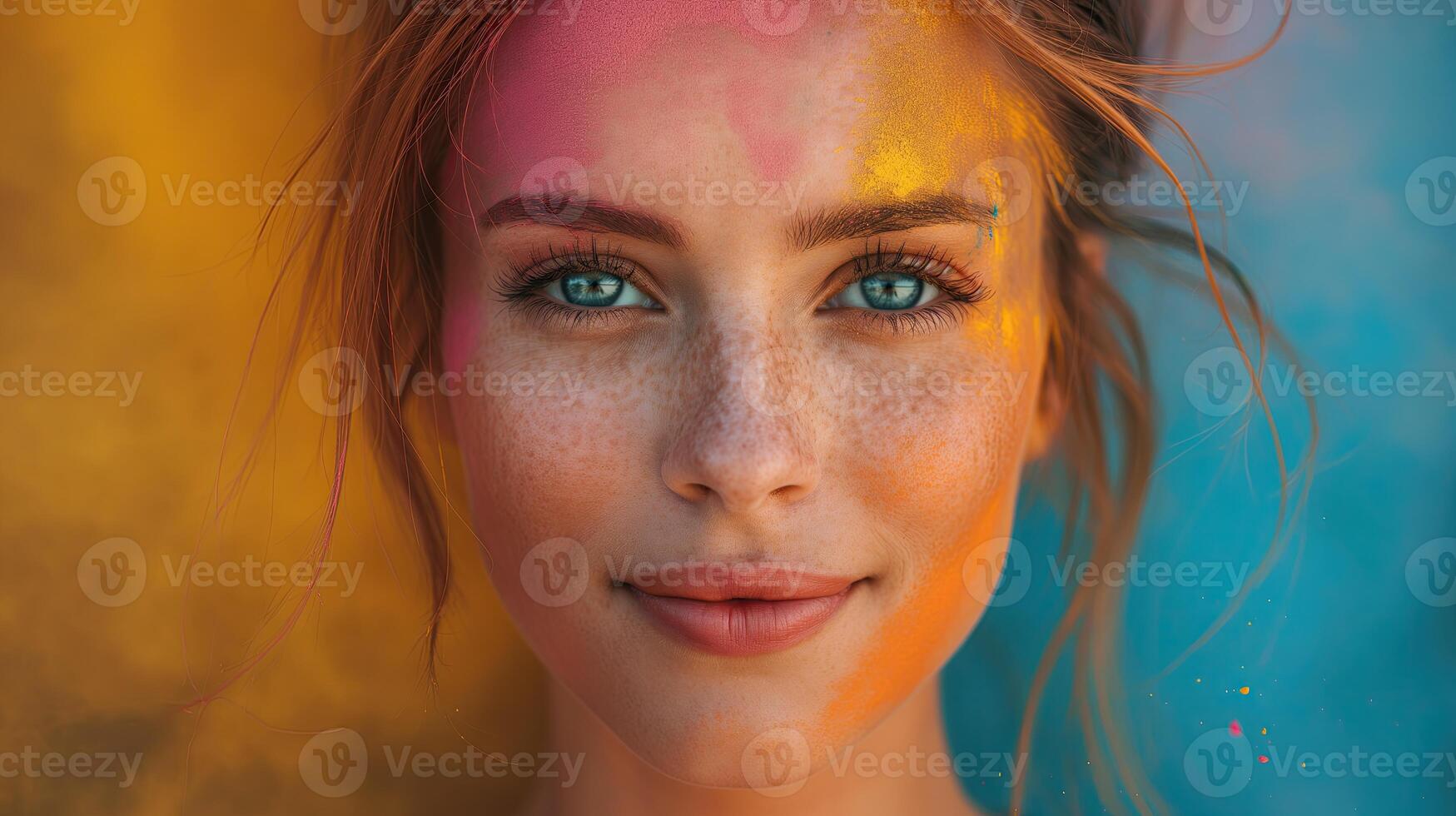 AI generated Portrait of a young beautiful woman with holi colors photo