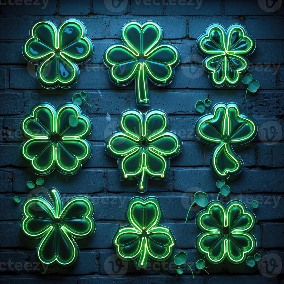 AI generated St. Patrick's Day neon signs on a brick background. Vector illustration. photo