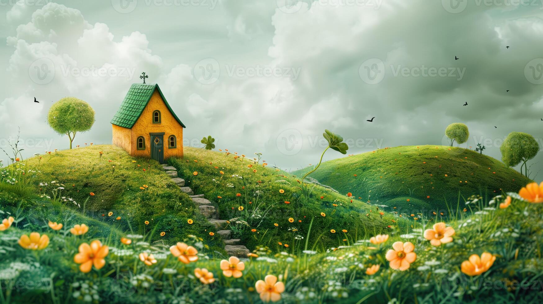 AI generated Miniature St. Patrick's Day garden with chamomile flowers, shamrock and lantern in the evening photo