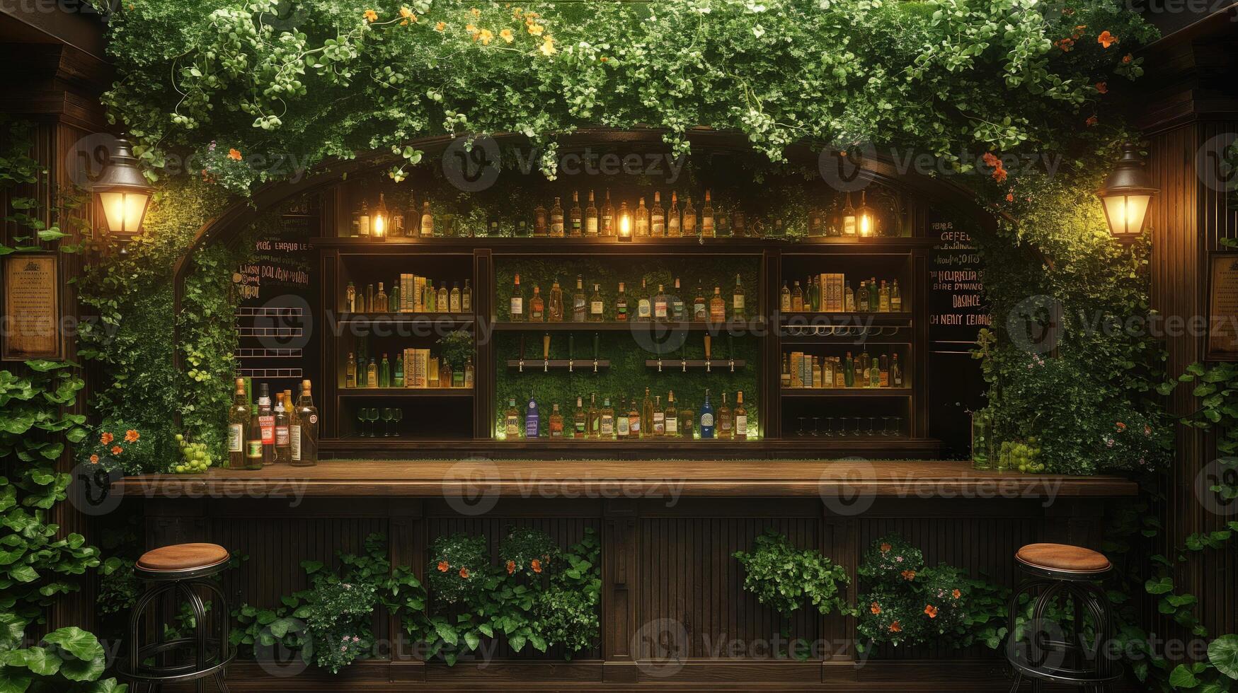 ai generado 3d representación de un Clásico S t. patrick's día bar interior con plantas y flores foto