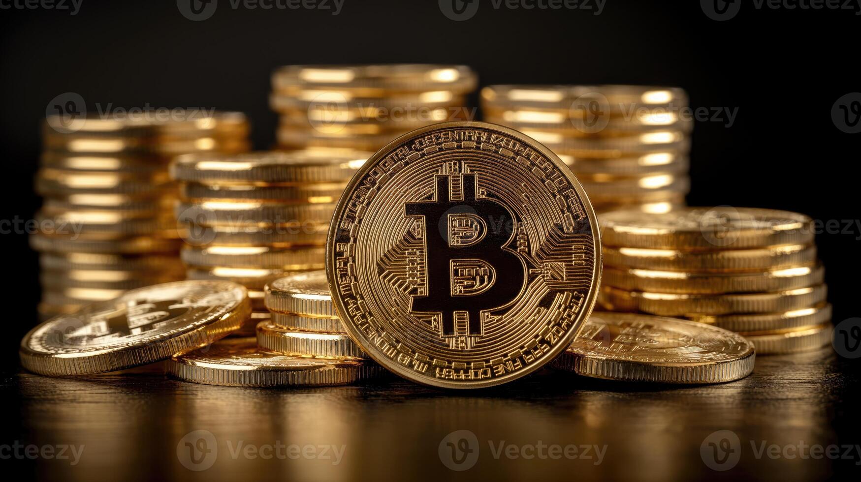 AI generated Cryptocurrency physical golden bitcoin coins on a black background. Virtual money concept. photo