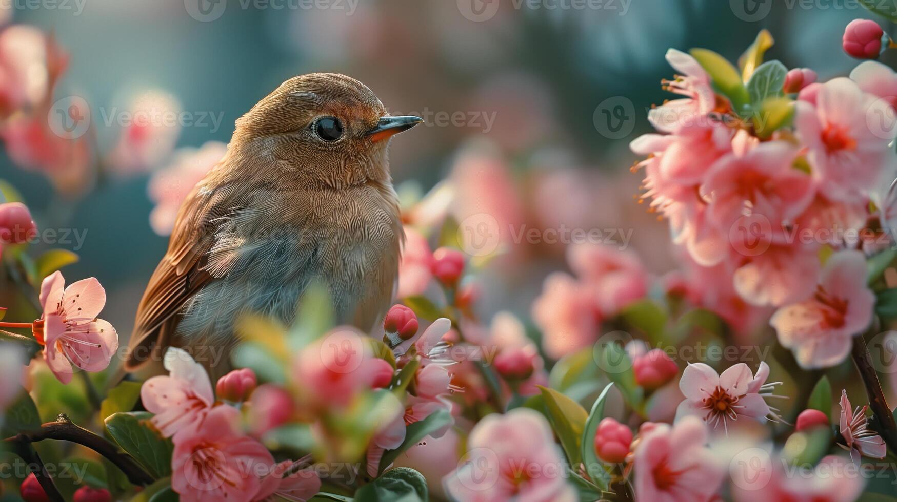 AI generated Bird on a branch of a blossoming sakura in spring. photo