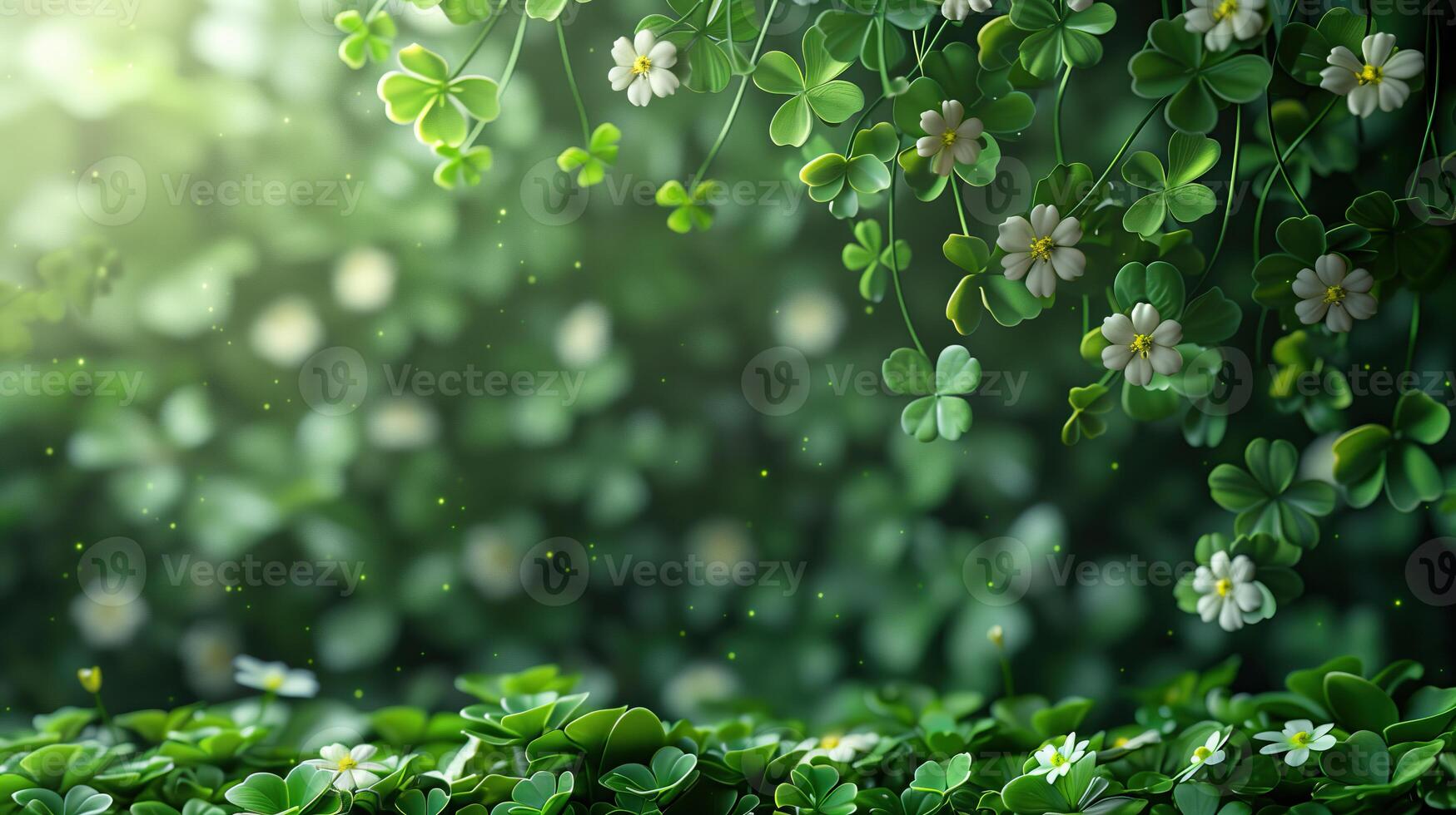 AI generated Green clover leaves background with bokeh effect. St. Patrick's Day. Copy space, banner photo