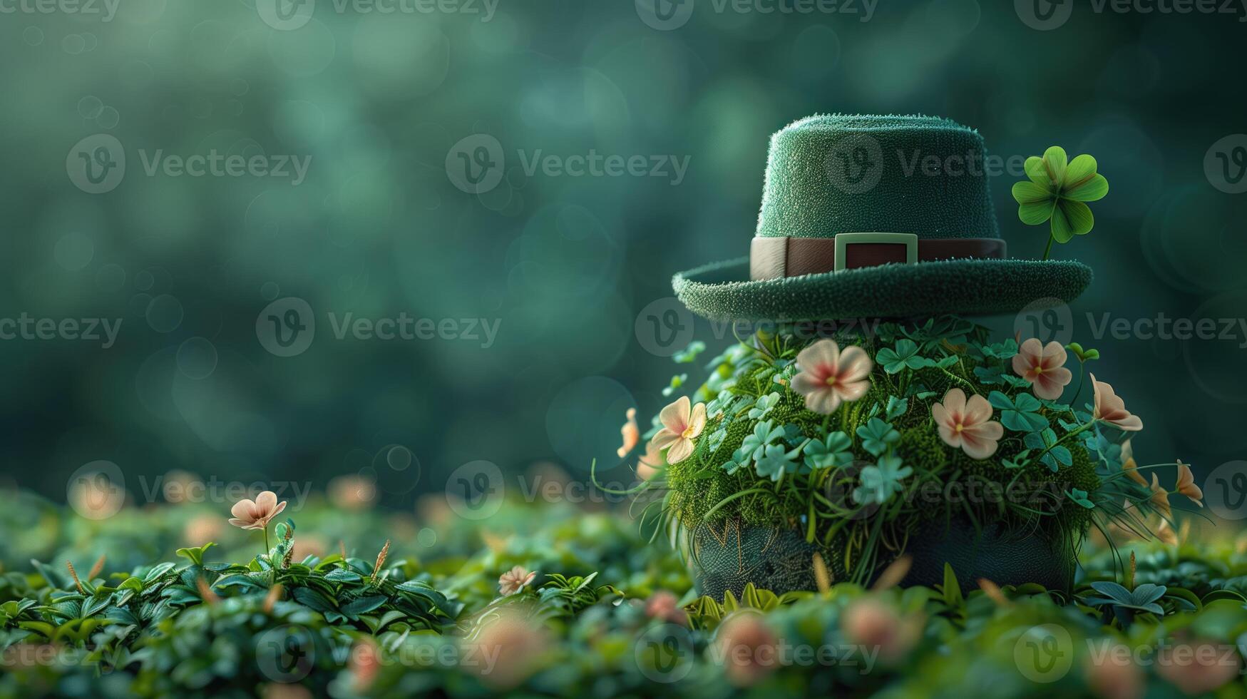 AI generated St. Patrick's Day background with green clover and pot of clover photo