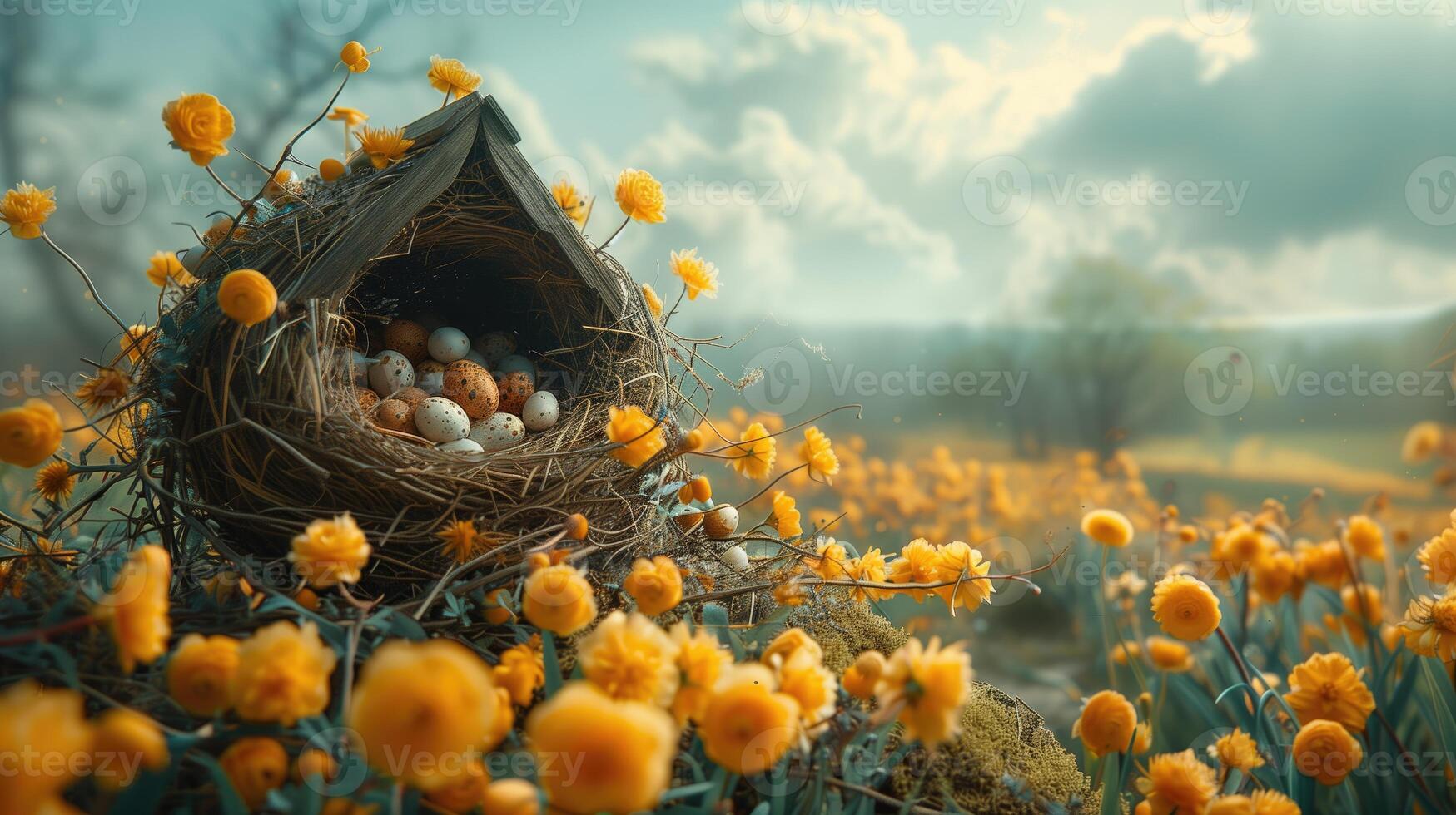 AI generated Easter eggs in nest with yellow daffodils in spring meadow photo
