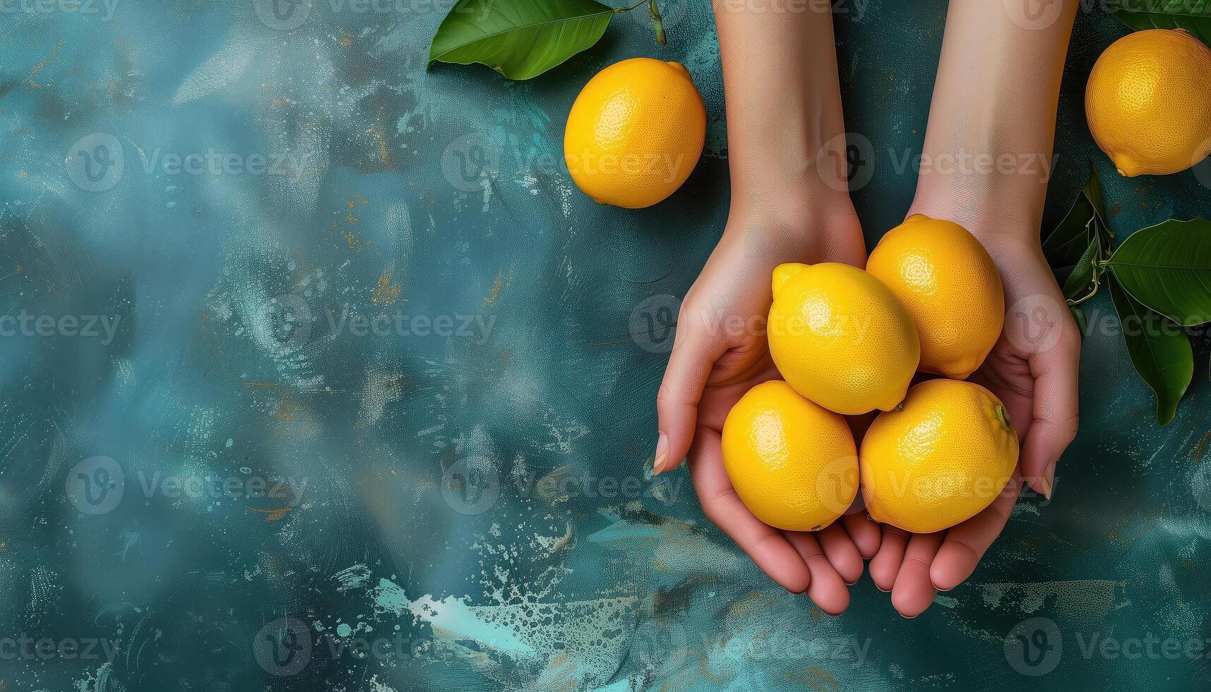 AI generated Female hands hold lemons on a green background. Top view. Top view with copy space, wallpaper, pattern photo