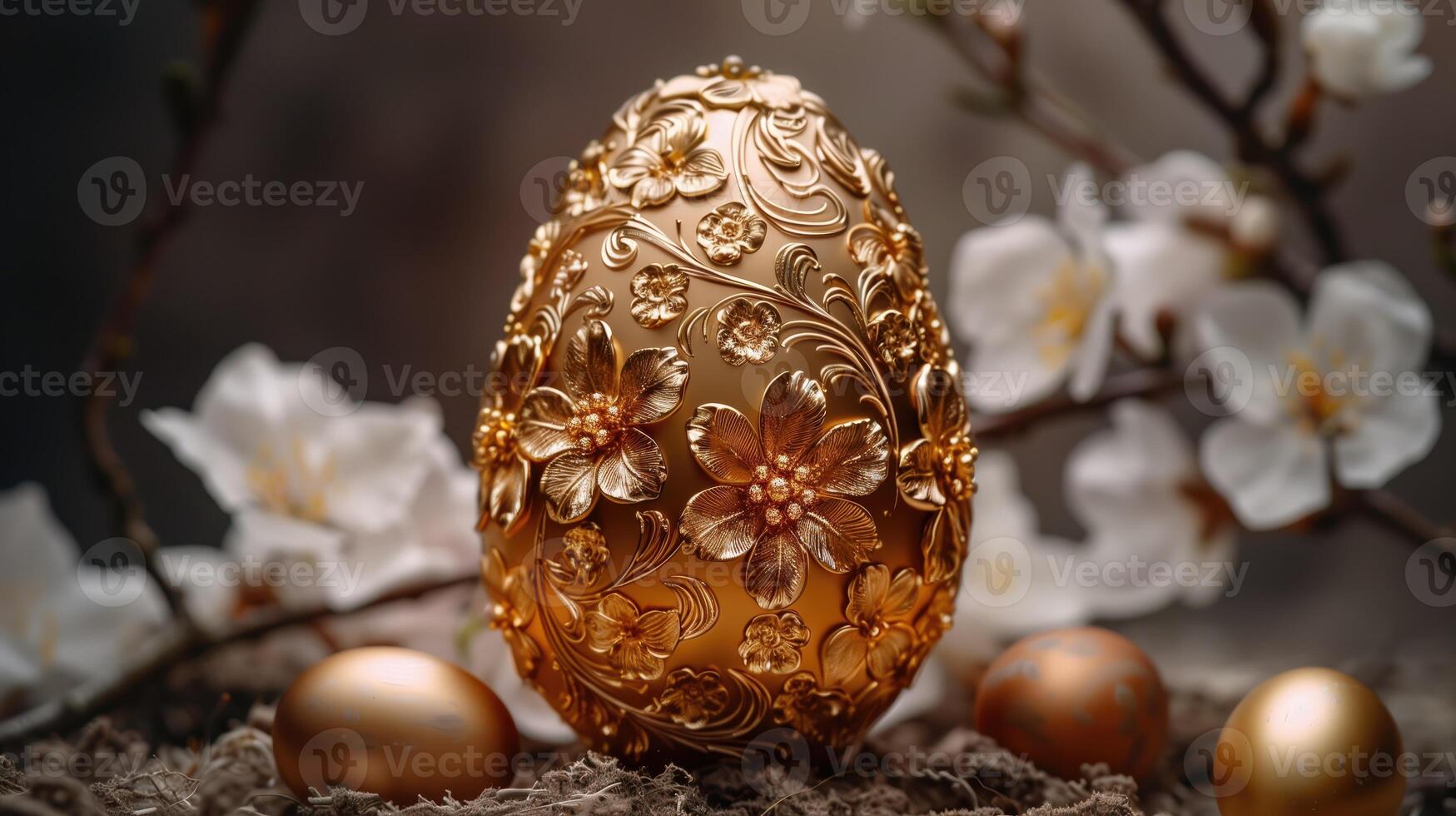 AI generated Golden Easter egg with spring flowers on rustic background. Happy Easter. photo