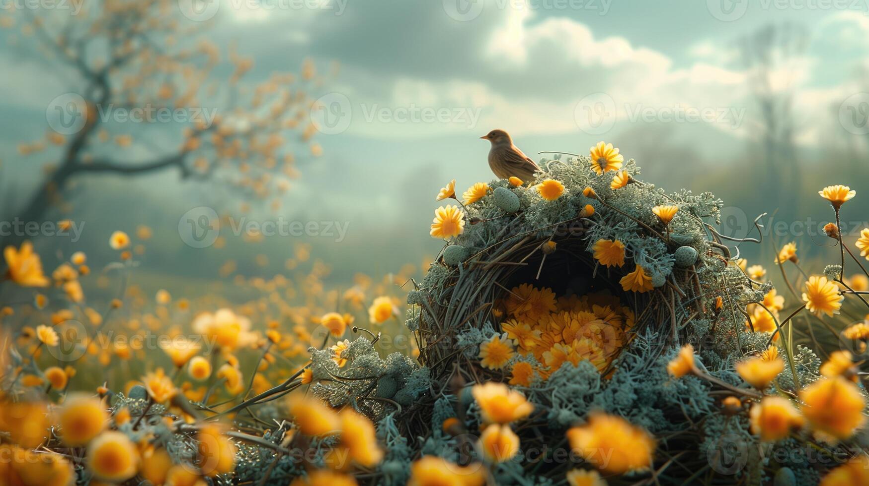 AI generated Little bird sitting on the nest with yellow flowers and blue sky background photo