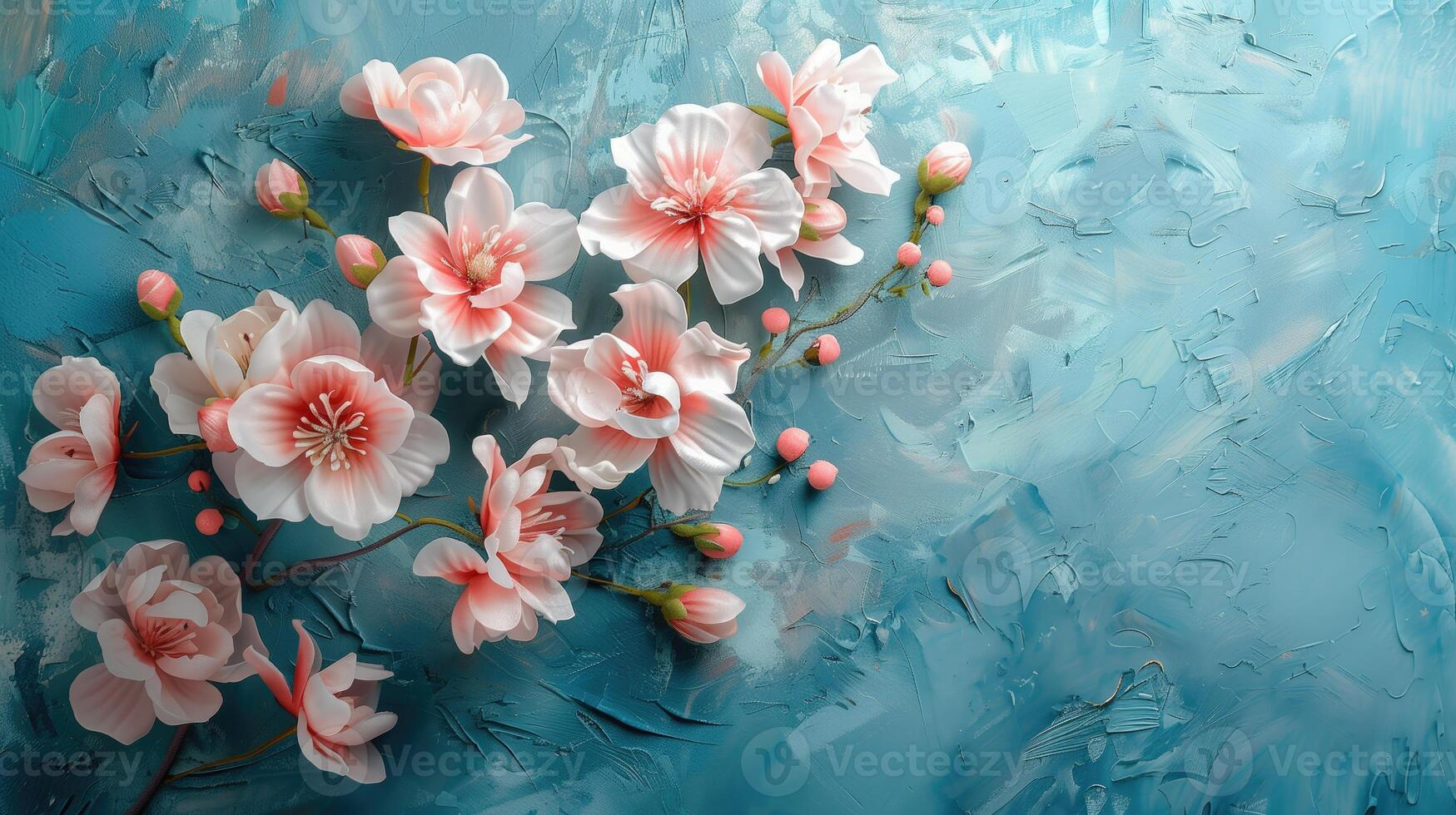 AI generated Flowers composition on pastel blue background. Flat lay, top view, copy space photo