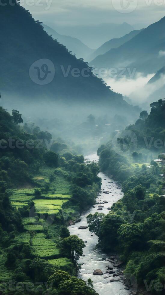 AI generated the mountains are covered in green vegetation and fog photo