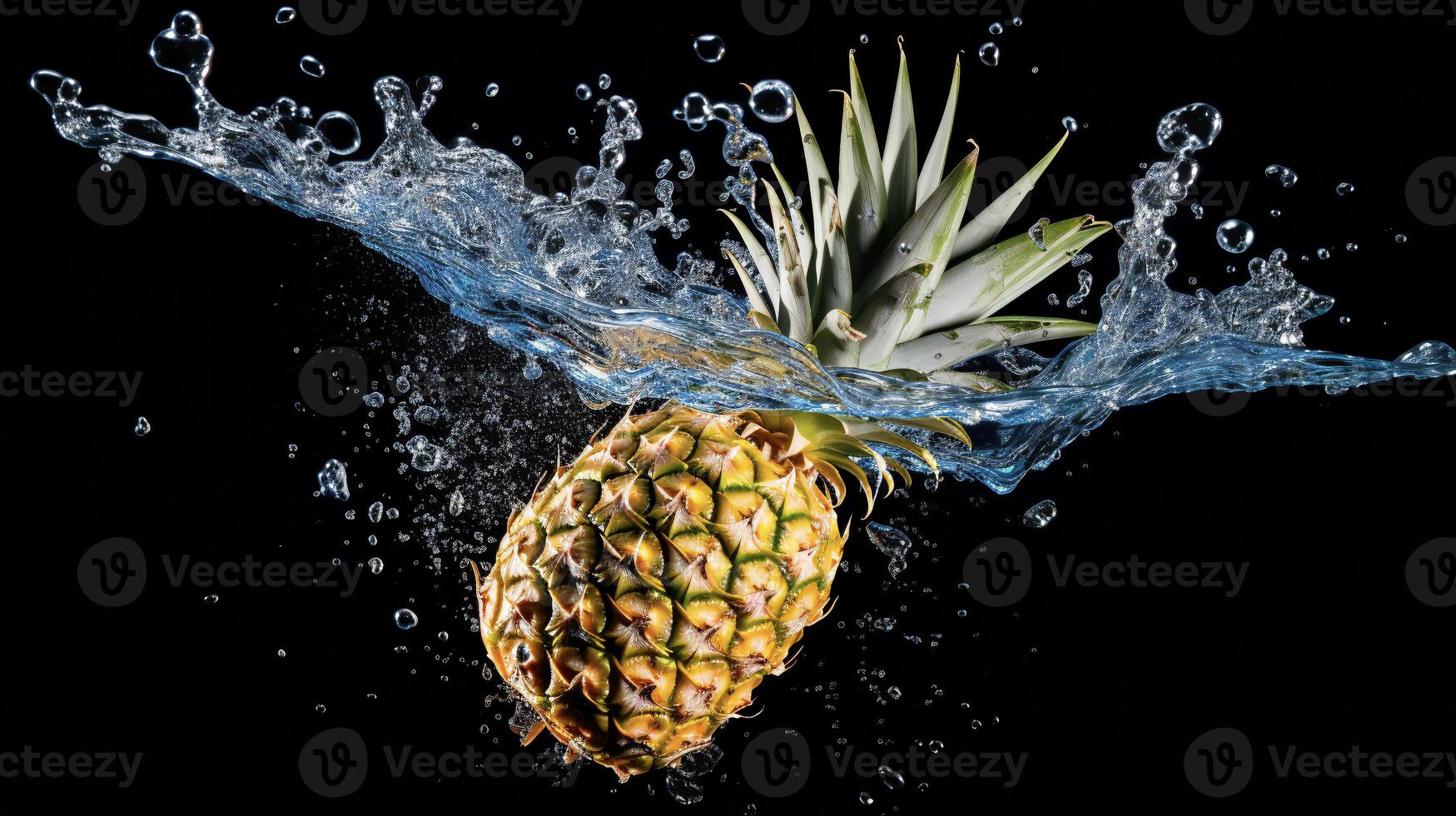 AI generated a pineapple is splashing water on a black background photo
