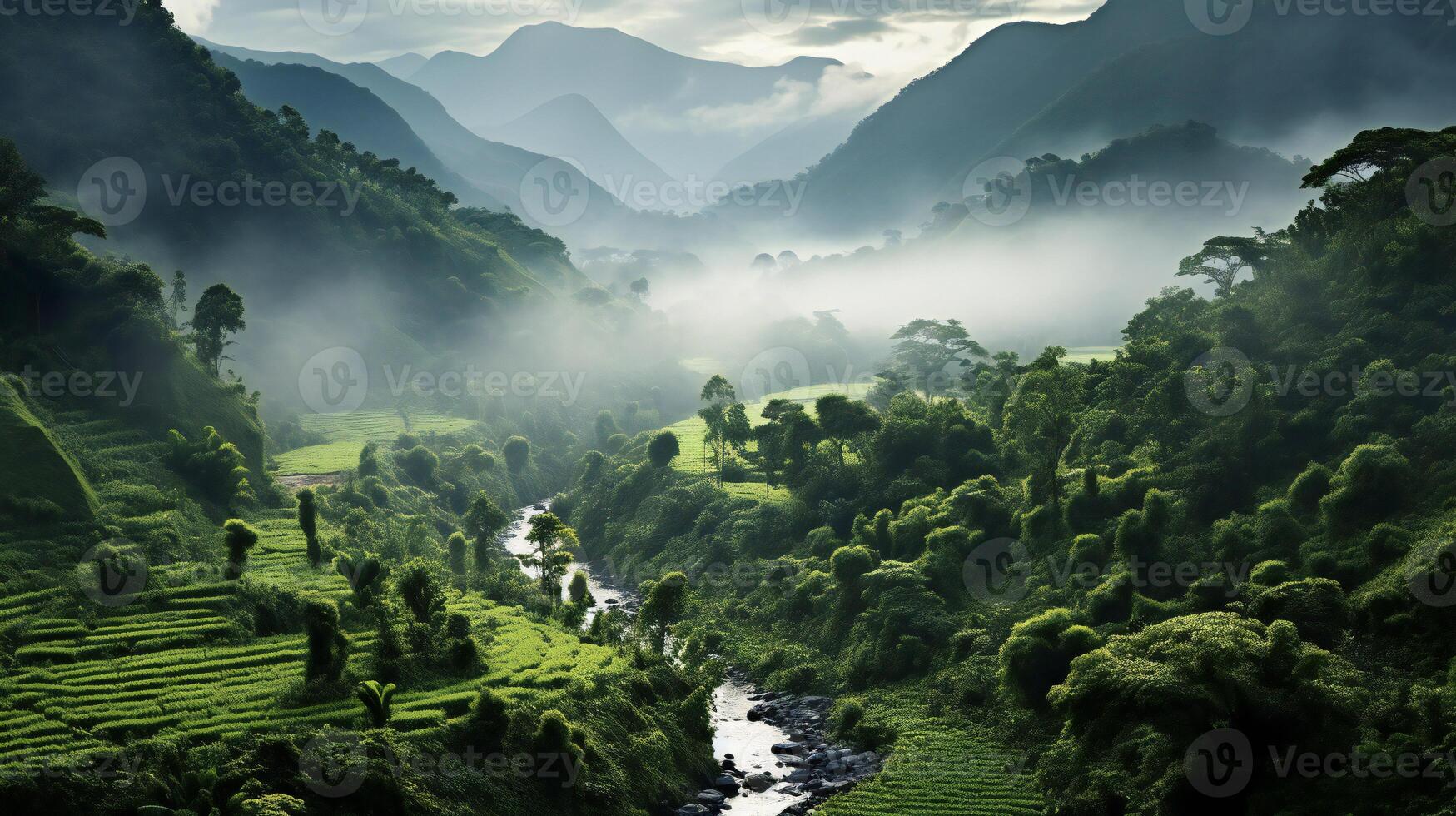 AI generated the mountains are covered in green vegetation and fog photo