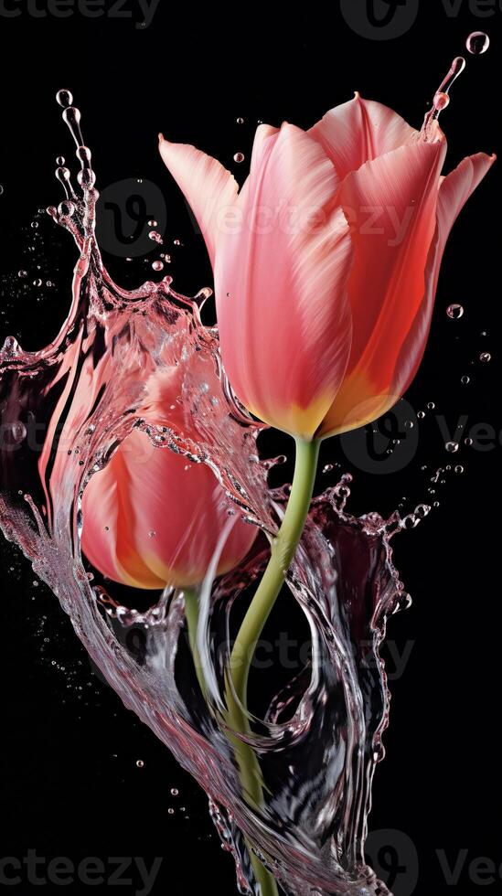 AI generated a pink tulip is splashing water in the air photo